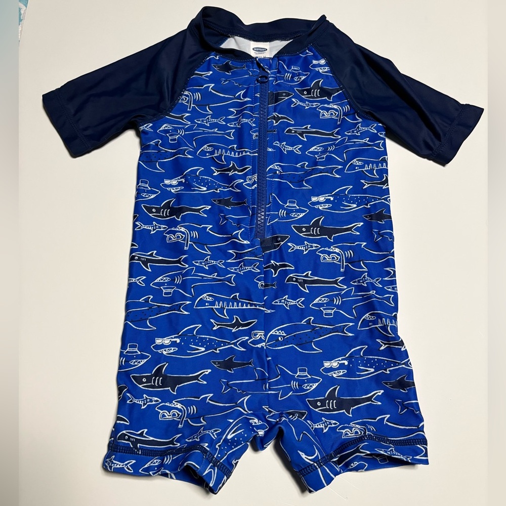 Old navy swim one piece zip up blue sharks 18-24m toddler rash guard